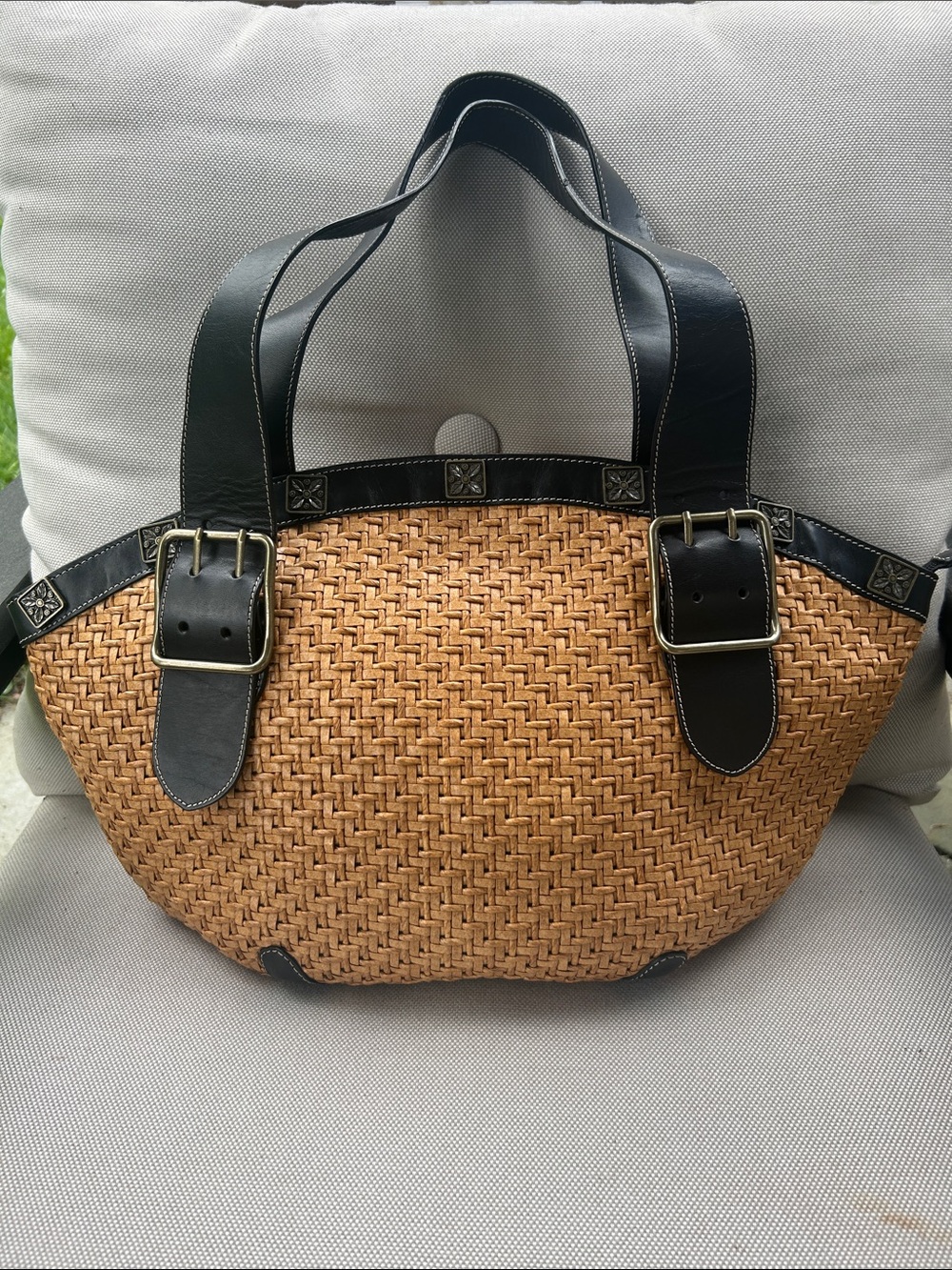 Maxx New York Woven Tan Tote with Black Leather Trim